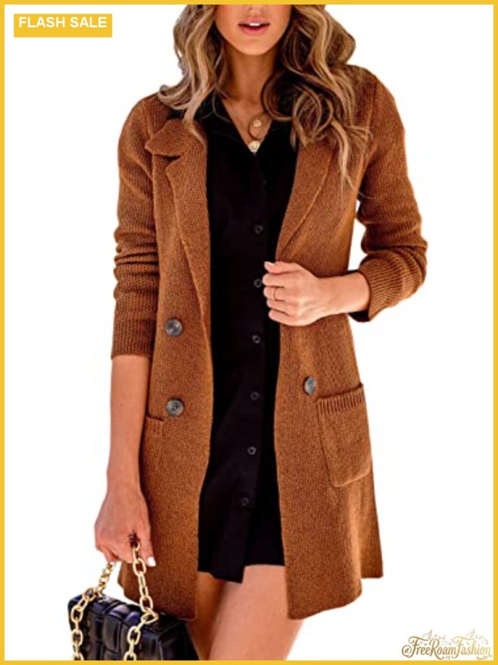 Open Front Lapel Collar Button Down Long Sweater Cardigan Loose Knit Outerwear